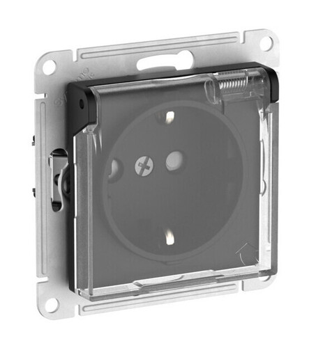 Розетка IP44 Systeme Electric ATLASDESIGN, скрытый монтаж, с заземлением, с прозрачной крышкой, со шторками, быстрозажимные клеммы, карбон
